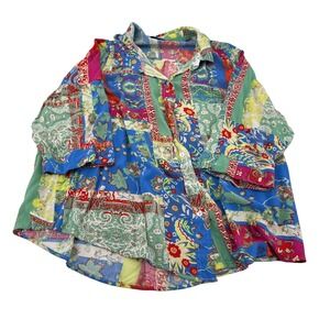 Jones New York Women's Multicolor Button-Up Patchwork Shirt Size XL 3/4 sleeves